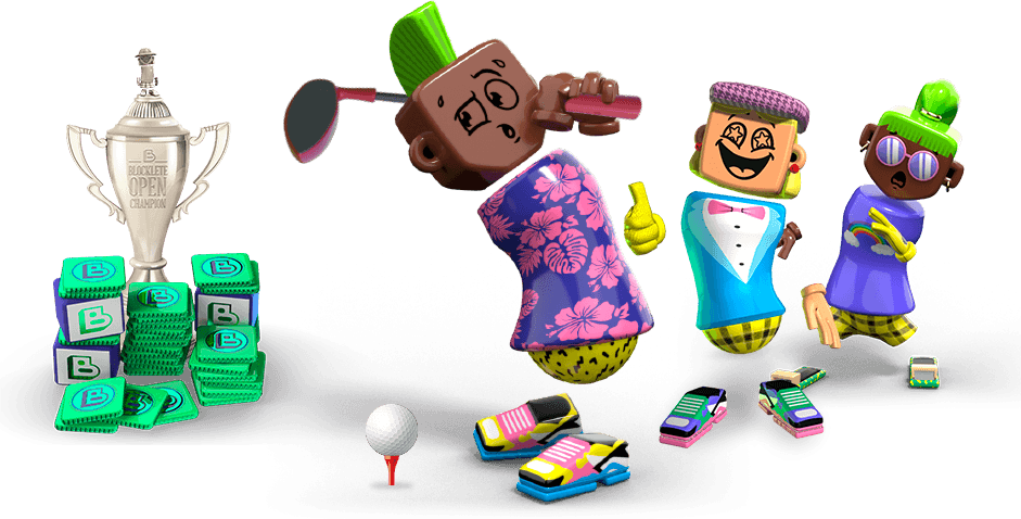 Blocklete example characters: a golfer, two spectators and a trophy with a stack of Blocklete tokens